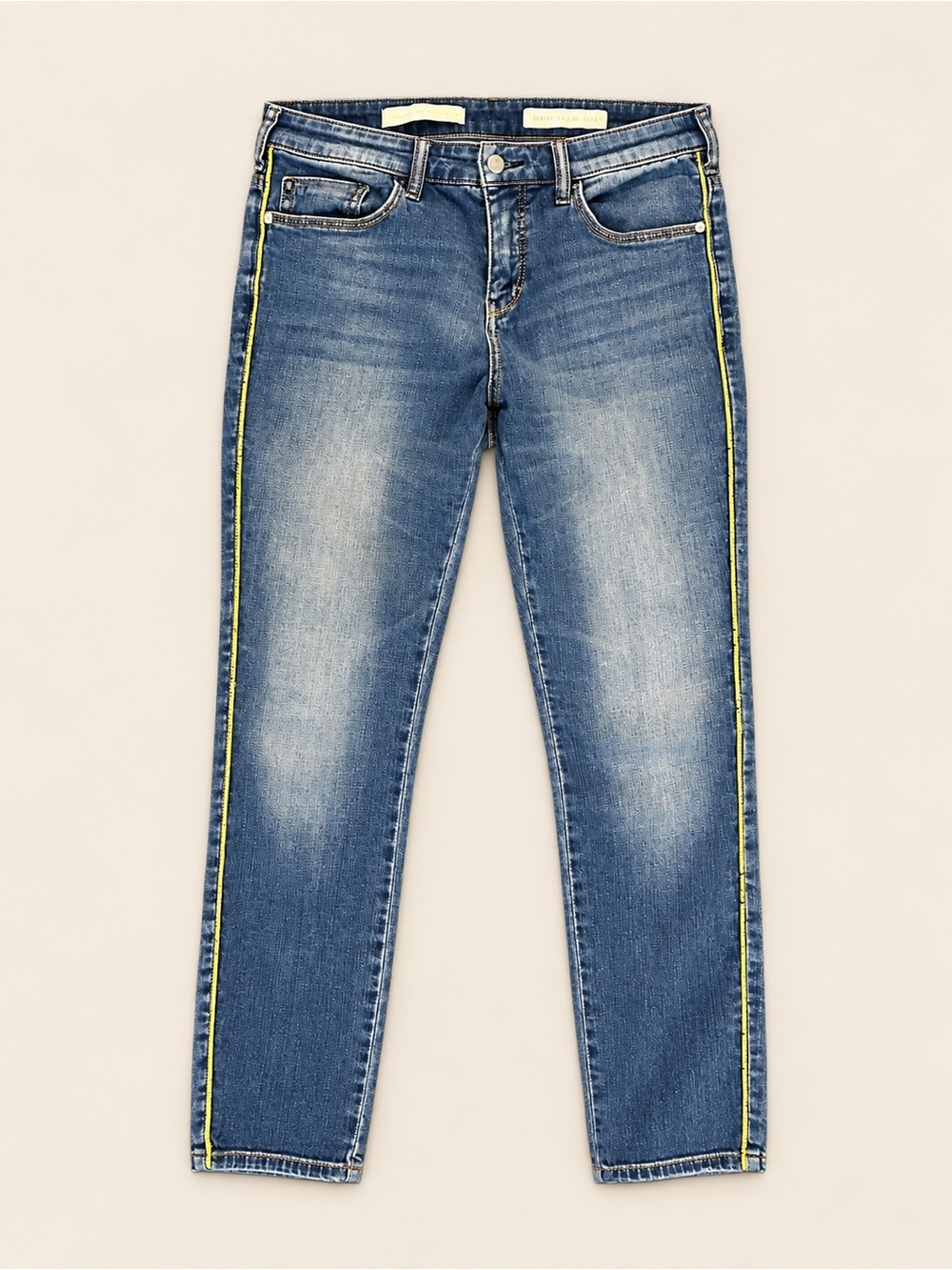 Pilcro and the Letterpress women’s Slim Blue Jeans with Yellow Side Trim